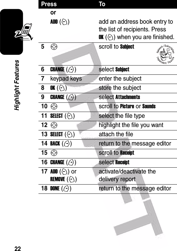  22Highlight Featuresor ADD (+)add an address book entry to the list of recipients. Press OK (+) when you are finished.5Sscroll to Subject6CHANGE (-)select Subject7keypad keys enter the subject8OK (+)store the subject9CHANGE (-)select Attachments10Sscroll to Picture or Sounds11SELECT (+)select the file type12Shighlight the file you want13SELECT (+)attach the file14BACK (-)return to the message editor15Sscroll to Receipt16CHANGE (-)select Receipt17ADD (+) or REMOVE (+)activate/deactivate the delivery report18DONE (-)return to the message editorPress To032380o