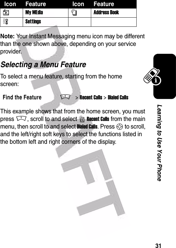  31Learning to Use Your PhoneNote: Your Instant Messaging menu icon may be different than the one shown above, depending on your service provider.Selecting a Menu FeatureTo select a menu feature, starting from the home screen:This example shows that from the home screen, you must press M, scroll to and select s Recent Calls from the main menu, then scroll to and select Dialed Calls. Press S to scroll, and the left/right soft keys to select the functions listed in the bottom left and right corners of the display.hMy MEdianAddress BookwSettings Find the FeatureM&gt; Recent Calls &gt; Dialed Calls Icon Feature  Icon Feature