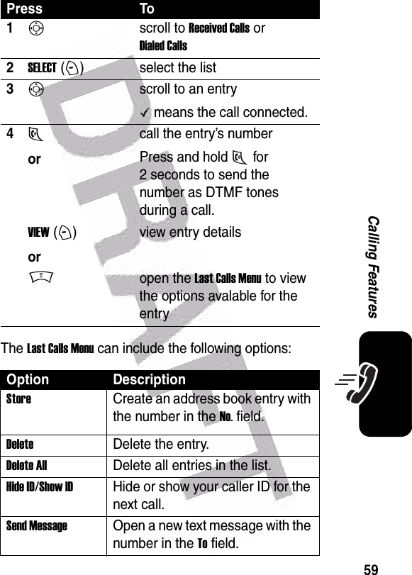  59Calling FeaturesThe Last Calls Menu can include the following options:Press To1Sscroll to Received Calls or Dialed Calls2SELECT (+)select the list3Sscroll to an entry\ means the call connected.4Norcall the entry’s numberPress and hold N for 2 seconds to send the number as DTMF tones during a call.VIEW (+)orview entry detailsMopen the Last Calls Menu to view the options avalable for the entryOption DescriptionStoreCreate an address book entry with the number in the No. field.DeleteDelete the entry.Delete AllDelete all entries in the list.Hide ID/Show ID Hide or show your caller ID for the next call.Send MessageOpen a new text message with the number in the To field.