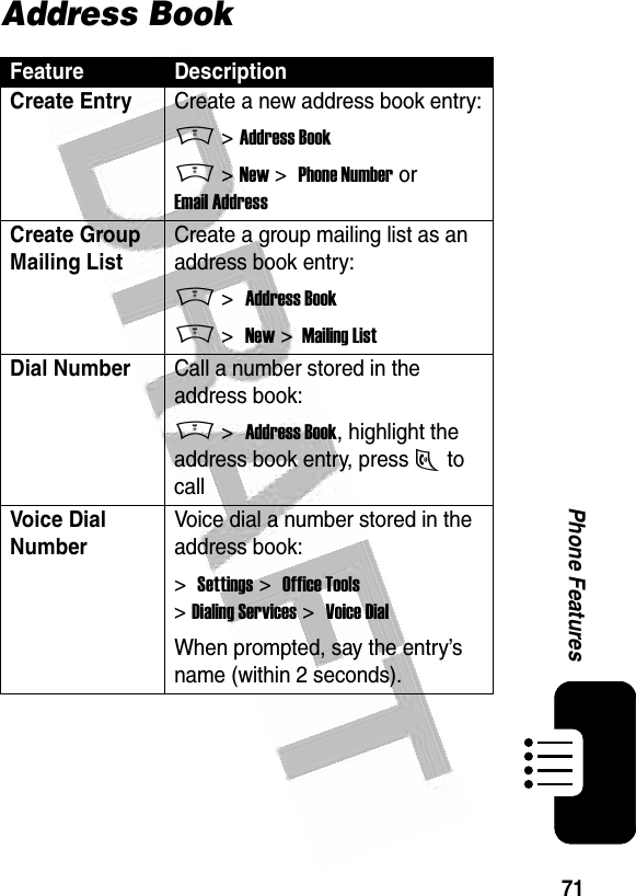  71Phone FeaturesAddress BookFeature DescriptionCreate EntryCreate a new address book entry:M &gt; Address BookM &gt; New &gt;  Phone Number or Email AddressCreate Group Mailing ListCreate a group mailing list as an address book entry:M &gt;  Address BookM &gt;  New &gt;  Mailing ListDial NumberCall a number stored in the address book:M &gt;  Address Book, highlight the address book entry, press N to callVoice Dial Number Voice dial a number stored in the address book:&gt;  Settings &gt;  Office Tools &gt; Dialing Services &gt;  Voice DialWhen prompted, say the entry’s name (within 2 seconds).