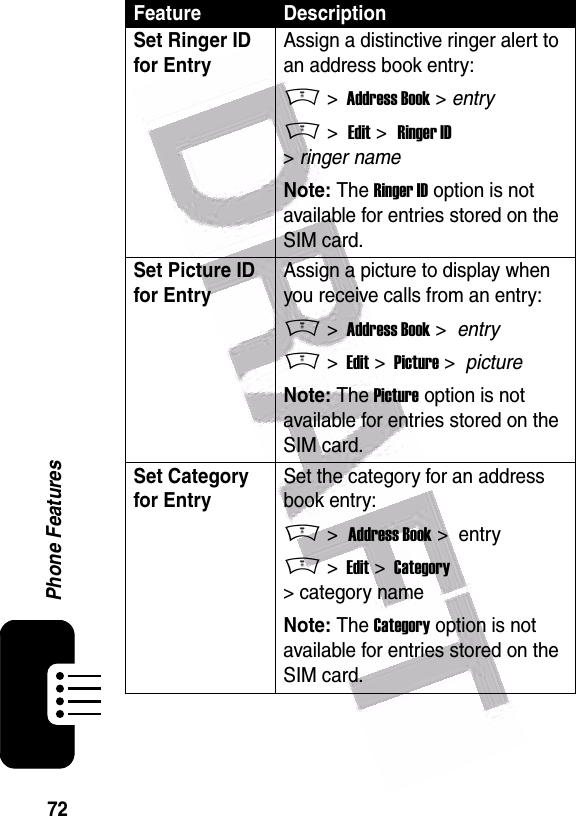  72Phone FeaturesSet Ringer ID for EntryAssign a distinctive ringer alert to an address book entry:M &gt;  Address Book &gt; entryM &gt;  Edit &gt;  Ringer ID &gt; ringer nameNote: The Ringer ID option is not available for entries stored on the SIM card.Set Picture ID for EntryAssign a picture to display when you receive calls from an entry:M &gt;  Address Book &gt;  entryM &gt;  Edit &gt;  Picture &gt;  pictureNote: The Picture option is not available for entries stored on the SIM card.Set Category for EntrySet the category for an address book entry:M &gt;  Address Book &gt;  entryM &gt;  Edit &gt;  Category &gt; category name Note: The Category option is not available for entries stored on the SIM card.Feature Description