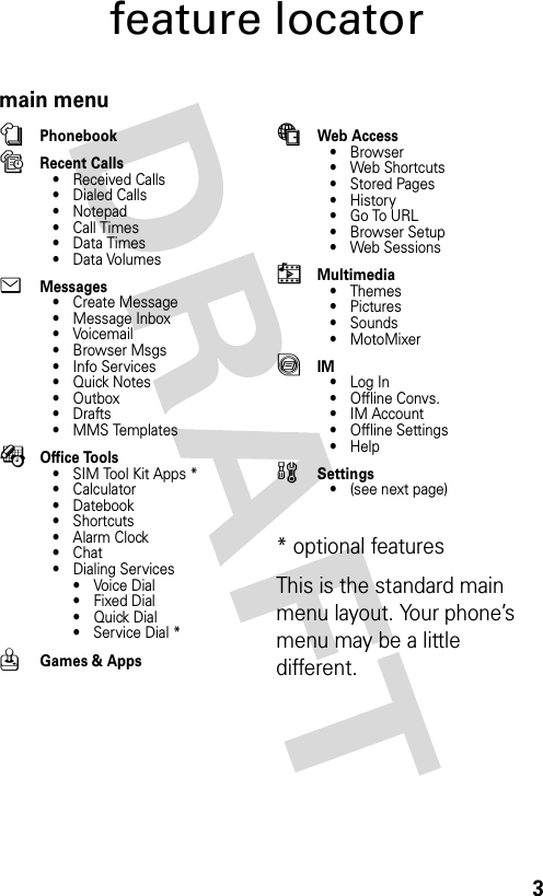 3feature locatormain menunPhonebooksRecent Calls• Received Calls• Dialed Calls• Notepad• Call Times•Data Times• Data Volumes eMessages• Create Message• Message Inbox•Voicemail•Browser Msgs• Info Services•Quick Notes•Outbox•Drafts•MMS TemplatesÉOffice Tools• SIM Tool Kit Apps *•Calculator• Datebook• Shortcuts•Alarm Clock•Chat• Dialing Services•Voice Dial•Fixed Dial•Quick Dial• Service Dial *QGames &amp; AppsáWeb Access•Browser• Web Shortcuts•Stored Pages•History•Go To URL•Browser Setup• Web SessionshMultimedia•Themes•Pictures• Sounds• MotoMixerãIM• Log In• Offline Convs.•IM Account• Offline Settings•Helpw Settings• (see next page)* optional features This is the standard main menu layout. Your phone’s menu may be a little different.