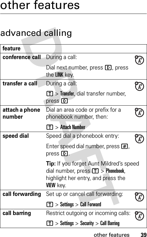 39other featuresother featuresadvanced callingfeatureconference callDuring a call:Dial next number, press n, press the LINKkey.transfer a callDuring a call:M &gt;Transfer, dial transfer number, press nattach a phone numberDial an area code or prefix for a phonebook number, then:M &gt;Attach Numberspeed dialSpeed dial a phonebook entry:Enter speed dial number, press #, press n.Tip: If you forget Aunt Mildred’s speed dial number, press M&gt;Phonebook, highlight her entry, and press the VIEWkey.call forwardingSet up or cancel call forwarding:M &gt;Settings &gt;Call Forwardcall barringRestrict outgoing or incoming calls:M &gt;Settings &gt;Security &gt;Call Barring