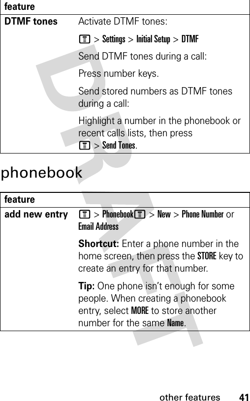 41other featuresphonebookDTMF tones Activate DTMF tones:M &gt;Settings &gt;Initial Setup &gt;DTMFSend DTMF tones during a call:Press number keys.Send stored numbers as DTMF tones during a call:Highlight a number in the phonebook or recent calls lists, then press M&gt;Send Tones.featureadd new entryM &gt;PhonebookM&gt;New&gt;Phone Number or Email AddressShortcut: Enter a phone number in the home screen, then press the STOREkey to create an entry for that number.Tip: One phone isn’t enough for some people. When creating a phonebook entry, select MORE to store another number for the same Name.feature