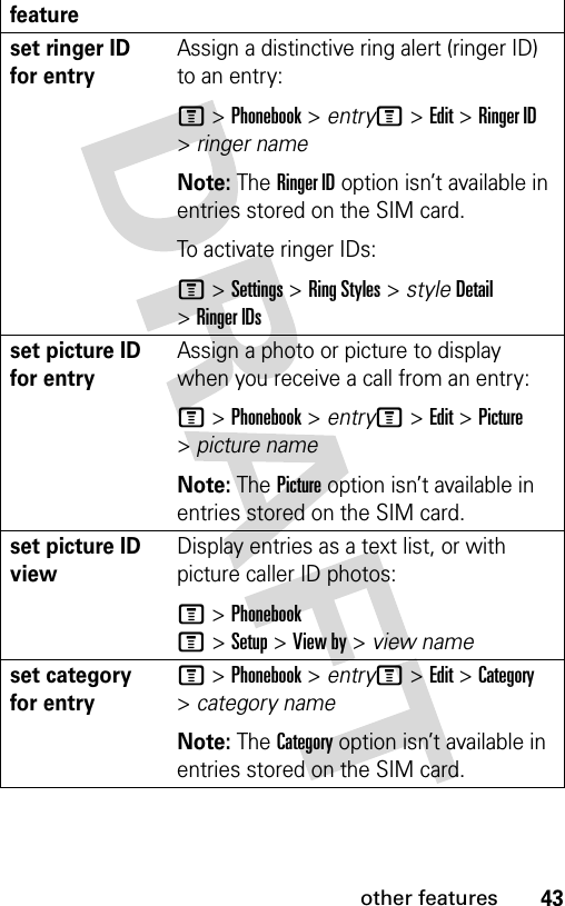 43other featuresset ringer ID for entryAssign a distinctive ring alert (ringer ID) to an entry:M &gt;Phonebook &gt; entryM&gt;Edit&gt;Ringer ID &gt;ringer nameNote: The Ringer ID option isn’t available in entries stored on the SIM card.To activate ringer IDs:M &gt;Settings &gt;Ring Styles &gt; styleDetail &gt;Ringer IDsset picture ID for entryAssign a photo or picture to display when you receive a call from an entry:M &gt;Phonebook &gt; entryM&gt;Edit&gt;Picture &gt;picture nameNote: The Picture option isn’t available in entries stored on the SIM card.set picture ID viewDisplay entries as a text list, or with picture caller ID photos:M &gt;PhonebookM&gt;Setup&gt;View by&gt;view nameset category for entryM &gt;Phonebook &gt; entryM&gt;Edit&gt;Category &gt;category nameNote: The Category option isn’t available in entries stored on the SIM card.feature