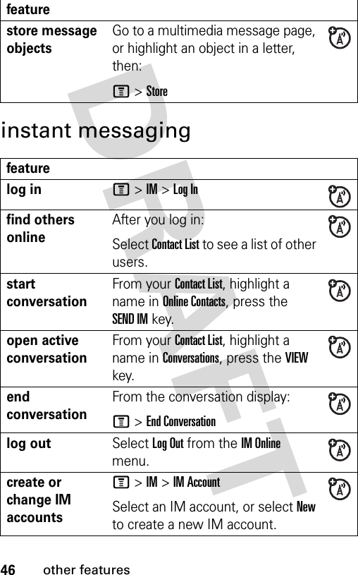 46other featuresinstant messagingstore message objects Go to a multimedia message page, or highlight an object in a letter, then:M &gt;Storefeaturelog inM &gt;IM &gt;Log Infind others onlineAfter you log in:Select Contact List to see a list of other users.start conversationFrom your Contact List, highlight a name in Online Contacts, press the SEND IMkey.open active conversationFrom your Contact List, highlight a name in Conversations, press the VIEW key.end conversationFrom the conversation display:M &gt;End Conversationlog outSelect Log Out from the IM Online menu.create or change IM accountsM &gt;IM &gt;IM AccountSelect an IM account, or select New to create a new IM account.feature