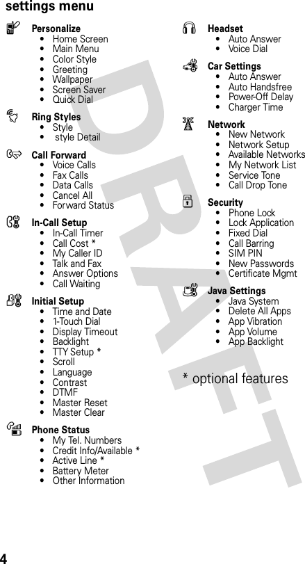 4settings menulPersonalize• Home Screen• Main Menu•Color Style• Greeting• Wallpaper • Screen Saver•Quick DialtRing Styles•Style• style DetailH Call Forward• Voice Calls•Fax Calls• Data Calls• Cancel All• Forward StatusUIn-Call Setup• In-Call Timer•Call Cost*• My Caller ID• Talk and Fax• Answer Options• Call WaitingZInitial Setup• Time and Date• 1-Touch Dial• Display Timeout• Backlight•TTYSetup*•Scroll• Language• Contrast•DTMF• Master Reset• Master ClearmPhone Status• My Tel. Numbers• Credit Info/Available *• Active Line *• Battery Meter• Other InformationSHeadset• Auto Answer•Voice DialJCar Settings• Auto Answer• Auto Handsfree• Power-Off Delay• Charger TimejNetwork•New Network•Network Setup• Available Networks• My Network List• Service Tone•Call Drop ToneuSecurity• Phone Lock• Lock Application• Fixed Dial•Call Barring• SIM PIN•New Passwords• Certificate MgmtcJava Settings• Java System• Delete All Apps• App Vibration• App Volume• App Backlight* optional features 