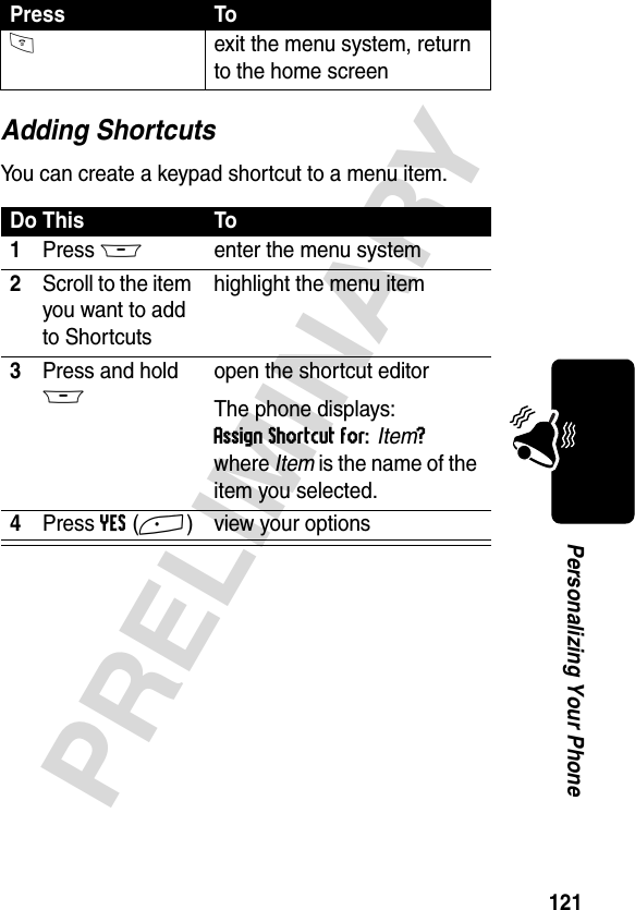 121PRELIMINARYPersonalizing Your PhoneAdding ShortcutsYou can create a keypad shortcut to a menu item. Oexit the menu system, return to the home screenDo This To1Press Menter the menu system2Scroll to the item you want to add to Shortcutshighlight the menu item3Press and hold Mopen the shortcut editorThe phone displays:Assign Shortcut for: Item? where Item is the name of the item you selected.4Press YES(+) view your optionsPress To