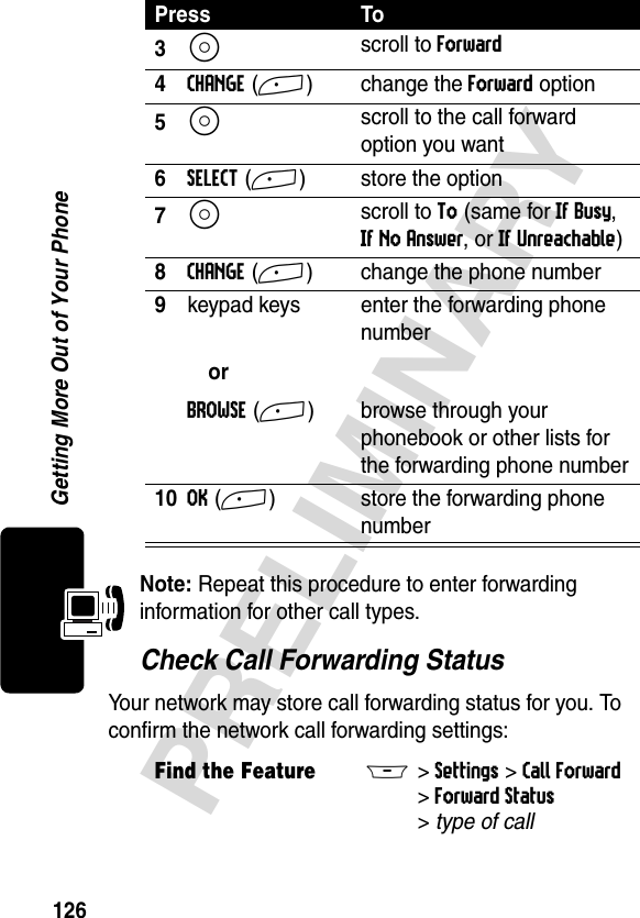 126PRELIMINARYGetting More Out of Your PhoneNote: Repeat this procedure to enter forwarding information for other call types.Check Call Forwarding StatusYour network may store call forwarding status for you. To confirm the network call forwarding settings:3S scroll to Forward4CHANGE(+) change the Forward option5S scroll to the call forward option you want6SELECT(+) store the option7S scroll to To (same for If Busy,If No Answer, or If Unreachable)8CHANGE(+) change the phone number9keypad keysorBROWSE(+)enter the forwarding phone numberbrowse through your phonebook or other lists for the forwarding phone number10OK(+) store the forwarding phone numberFind the FeatureM&gt;Settings &gt;Call Forward&gt;Forward Status&gt;type of callPress To