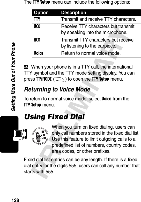 128PRELIMINARYGetting More Out of Your PhoneThe TTY Setup menu can include the following options:vWhen your phone is in a TTY call, the international TTY symbol and the TTY mode setting display. You can press TTYMODE(-) to open the TTY Setup menu. Returning to Voice ModeTo return to normal voice mode, select Voice from the TTY Setup menu.Using Fixed DialWhen you turn on fixed dialing, users can only call numbers stored in the fixed dial list. Use this feature to limit outgoing calls to a predefined list of numbers, country codes, area codes, or other prefixes.Fixed dial list entries can be any length. If there is a fixed dial entry for the digits 555, users can call any number that starts with 555. Option DescriptionTTY  Transmit and receive TTY characters.VCO  Receive TTY characters but transmit by speaking into the microphone.HCO  Transmit TTY characters but receive by listening to the earpiece.Voice  Return to normal voice mode.