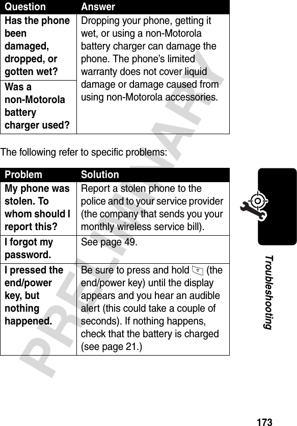 173PRELIMINARYTroubleshootingThe following refer to specific problems:Has the phone been damaged, dropped, or gotten wet? Dropping your phone, getting it wet, or using a non-Motorola battery charger can damage the phone. The phone’s limited warranty does not cover liquid damage or damage caused from using non-Motorola accessories.Was a non-Motorola battery charger used? Problem SolutionMy phone was stolen. To whom should I report this? Report a stolen phone to the police and to your service provider (the company that sends you your monthly wireless service bill).I forgot my password.See page 49.I pressed the end/power key, but nothing happened. Be sure to press and hold O (the end/power key) until the display appears and you hear an audible alert (this could take a couple of seconds). If nothing happens, check that the battery is charged (see page 21.)Question Answer