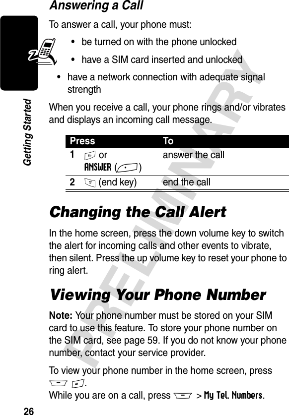 26PRELIMINARYGetting StartedAnswering a CallTo answer a call, your phone must:•be turned on with the phone unlocked•have a SIM card inserted and unlocked•have a network connection with adequate signal strengthWhen you receive a call, your phone rings and/or vibrates and displays an incoming call message.Changing the Call AlertIn the home screen, press the down volume key to switch the alert for incoming calls and other events to vibrate, then silent. Press the up volume key to reset your phone to ring alert.Viewing Your Phone NumberNote: Your phone number must be stored on your SIM card to use this feature. To store your phone number on the SIM card, see page 59. If you do not know your phone number, contact your service provider.To view your phone number in the home screen, press M#.While you are on a call, press M &gt;My Tel. Numbers.Press To1N or ANSWER(+)answer the call2O (end key) end the call