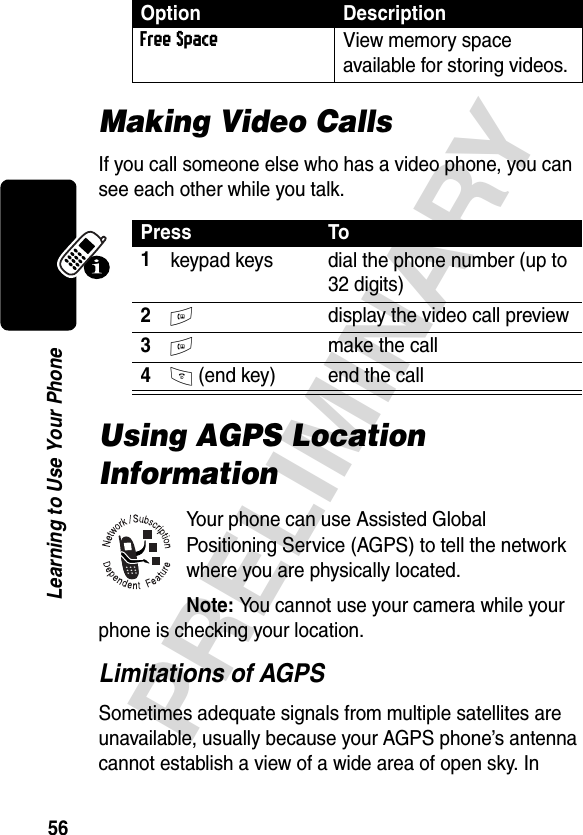 56PRELIMINARYLearning to Use Your PhoneMaking Video CallsIf you call someone else who has a video phone, you can see each other while you talk.Using AGPS Location InformationYour phone can use Assisted Global Positioning Service (AGPS) to tell the network where you are physically located. Note: You cannot use your camera while your phone is checking your location.Limitations of AGPS Sometimes adequate signals from multiple satellites are unavailable, usually because your AGPS phone’s antenna cannot establish a view of a wide area of open sky. In Free SpaceView memory space available for storing videos.Press To1keypad keys dial the phone number (up to 32 digits)2K  display the video call preview3K make the call4O (end key) end the callOption Description