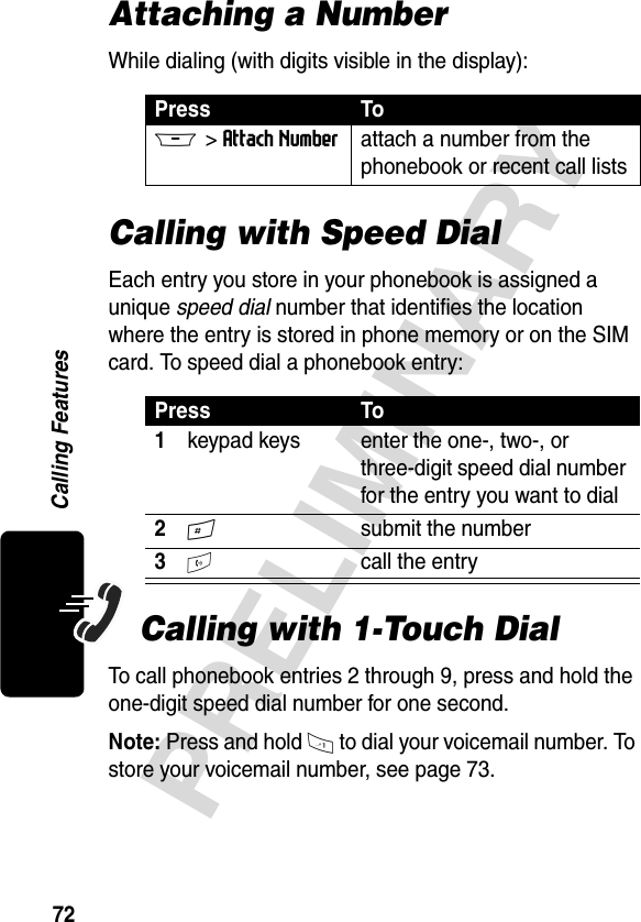 72PRELIMINARYCalling FeaturesAttaching a NumberWhile dialing (with digits visible in the display):Calling with Speed DialEach entry you store in your phonebook is assigned a unique speed dial number that identifies the location where the entry is stored in phone memory or on the SIM card. To speed dial a phonebook entry:Calling with 1-Touch DialTo call phonebook entries 2 through 9, press and hold the one-digit speed dial number for one second.Note: Press and hold 1 to dial your voicemail number. To store your voicemail number, see page 73.Press ToM &gt;Attach Numberattach a number from the phonebook or recent call listsPress To1keypad keys enter the one-, two-, or three-digit speed dial number for the entry you want to dial2# submit the number3N  call the entry