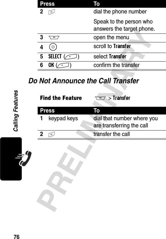 76PRELIMINARYCalling FeaturesDo Not Announce the Call Transfer2N  dial the phone numberSpeak to the person who answers the target phone.3M open the menu4S scroll to Transfer5SELECT(+) select Transfer6OK(+) confirm the transferFind the FeatureM&gt; TransferPress To1keypad keys dial that number where you are transferring the call2N transfer the callPress To