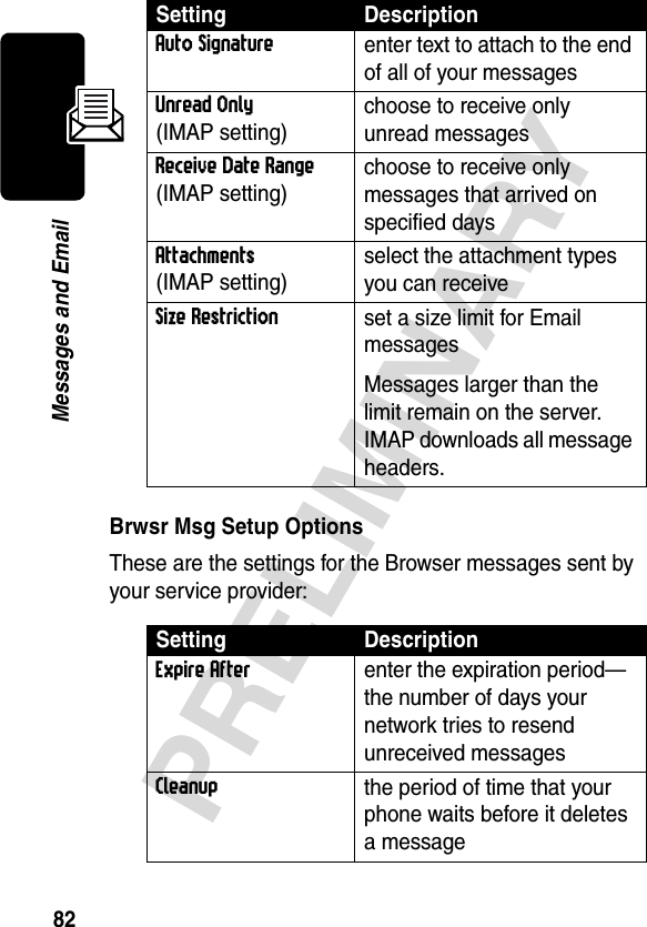 82PRELIMINARYMessages and EmailBrwsr Msg Setup OptionsThese are the settings for the Browser messages sent by your service provider:Auto Signatureenter text to attach to the end of all of your messagesUnread Only(IMAP setting)choose to receive only unread messagesReceive Date Range(IMAP setting)choose to receive only messages that arrived on specified days Attachments(IMAP setting) select the attachment types you can receive Size Restrictionset a size limit for Email messagesMessages larger than the limit remain on the server. IMAP downloads all message headers.Setting DescriptionExpire Afterenter the expiration period—the number of days your network tries to resend unreceived messagesCleanupthe period of time that your phone waits before it deletes a messageSetting Description