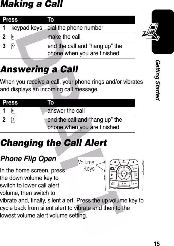  15Getting StartedMaking a CallAnswering a CallWhen you receive a call, your phone rings and/or vibrates and displays an incoming call message.Changing the Call AlertPhone Flip OpenIn the home screen, press the down volume key to switch to lower call alert volume, then switch to vibrate and, finally, silent alert. Press the up volume key to cycle back from silent alert to vibrate and then to the lowest volume alert volume setting.Press To1keypad keys dial the phone number2Omake the call3Pend the call and “hang up” the phone when you are finishedPress To1Oanswer the call2Pend the call and “hang up” the phone when you are finishedVolume    Keys