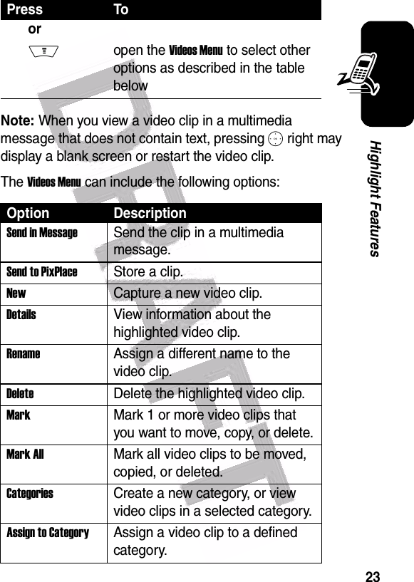  23Highlight FeaturesNote: When you view a video clip in a multimedia message that does not contain text, pressing S right may display a blank screen or restart the video clip.The Videos Menu can include the following options:or Mopen the Videos Menu to select other options as described in the table belowOption DescriptionSend in MessageSend the clip in a multimedia message.Send to PixPlaceStore a clip.NewCapture a new video clip.DetailsView information about the highlighted video clip.RenameAssign a different name to the video clip.DeleteDelete the highlighted video clip.MarkMark 1 or more video clips that you want to move, copy, or delete.Mark AllMark all video clips to be moved, copied, or deleted.CategoriesCreate a new category, or view video clips in a selected category.Assign to CategoryAssign a video clip to a defined category.Press To