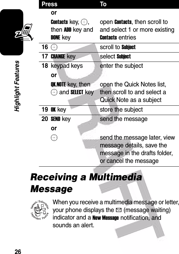  26Highlight FeaturesReceiving a Multimedia MessageWhen you receive a multimedia message or letter, your phone displays the X (message waiting) indicator and a New Message notification, and sounds an alert.or Contacts key, S, then ADD key and DONE keyopen Contacts, then scroll to and select 1 or more existing Contacts entries16Sscroll to Subject17CHANGE key select Subject18keypad keys enter the subjector QK.NOTE key, then S and SELECT keyopen the Quick Notes list, then scroll to and select a Quick Note as a subject19OK key store the subject20SEND key send the messageor Ssend the message later, view message details, save the message in the drafts folder, or cancel the messagePress To032380o