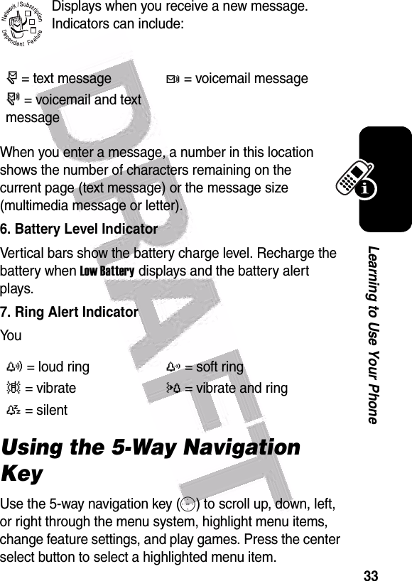  33Learning to Use Your PhoneDisplays when you receive a new message. Indicators can include:When you enter a message, a number in this location shows the number of characters remaining on the current page (text message) or the message size (multimedia message or letter).6. Battery Level IndicatorVertical bars show the battery charge level. Recharge the battery when Low Battery displays and the battery alert plays.7. Ring Alert IndicatorYo uUsing the 5-Way Navigation KeyUse the 5-way navigation key (S) to scroll up, down, left, or right through the menu system, highlight menu items, change feature settings, and play games. Press the center select button to select a highlighted menu item.r = text messaget = voicemail messages = voicemail and text message y = loud ringz = soft ring| = vibrate} = vibrate and ring{ = silent   032380o