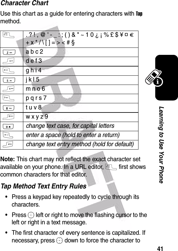  41Learning to Use Your PhoneCharacter ChartUse this chart as a guide for entering characters with Tap method.Note: This chart may not reflect the exact character set available on your phone. In a URL editor, 1 first shows common characters for that editor.Tap Method Text Entry Rules•Press a keypad key repeatedly to cycle through its characters.•Press S left or right to move the flashing cursor to the left or right in a text message.•The first character of every sentence is capitalized. If necessary, press S down to force the character to 1. ? ! , @ &apos; - _ : ; ( ) &amp; &quot; ~ 1 0 ¿ ¡ % £ $ ¥ ¤ £ + x * / \ [ ] = &gt; &lt; # § 2a b c 23d e f 34g h i 45j k l 5 6m n o 67p q r s 7 8t u v 89w x y z 9 0change text case, for capital letters*enter a space (hold to enter a return)#change text entry method (hold for default)