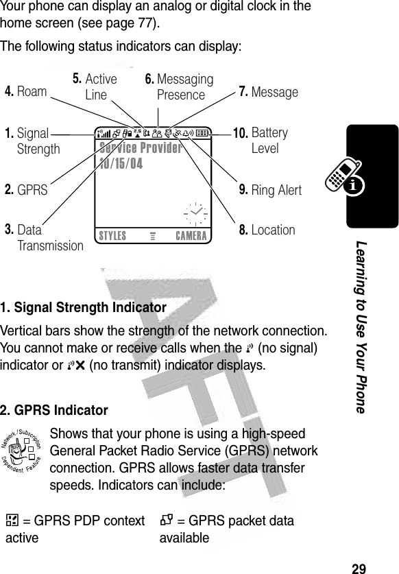 29Learning to Use Your Phone Your phone can display an analog or digital clock in the home screen (see page 77).The following status indicators can display:1. Signal Strength IndicatorVertical bars show the strength of the network connection. You cannot make or receive calls when the 0 (no signal) indicator or 0&gt; (no transmit) indicator displays.2. GPRS IndicatorShows that your phone is using a high-speed General Packet Radio Service (GPRS) network connection. GPRS allows faster data transfer speeds. Indicators can include:Å= GPRS PDP context activeÇ= GPRS packet data available0323551oSTYLES CAMERAService Provider10/15/04032351o6.10.5.9.8.2.1.3.4. 7.RoamSignal StrengthGPRSData TransmissionActiveLine MessagingPresence MessageBatteryLevelRing AlertLocation032380o