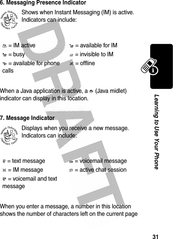 31Learning to Use Your Phone 6. Messaging Presence IndicatorShows when Instant Messaging (IM) is active. Indicators can include:When a Java application is active, a ` (Java midlet) indicator can display in this location.7. Message IndicatorDisplays when you receive a new message. Indicators can include:When you enter a message, a number in this location shows the number of characters left on the current page P= IM activeI= available for IM_= busyQ= invisible to IMJ= available for phone callsX= offliner= text messaget= voicemail messaged= IM messagea= active chat session s= voicemail and text message032380o032380o