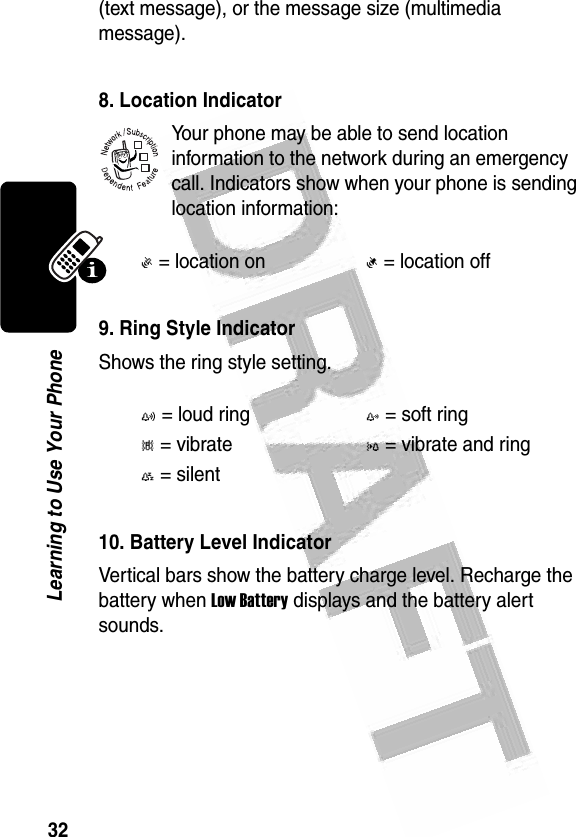 32Learning to Use Your Phone (text message), or the message size (multimedia message).8. Location IndicatorYour phone may be able to send location information to the network during an emergency call. Indicators show when your phone is sending location information:9. Ring Style IndicatorShows the ring style setting.10. Battery Level IndicatorVertical bars show the battery charge level. Recharge the battery when Low Battery displays and the battery alert sounds.Ö= location onÑ= location offy= loud ringz= soft ring|= vibrate}= vibrate and ring{= silent 032380o