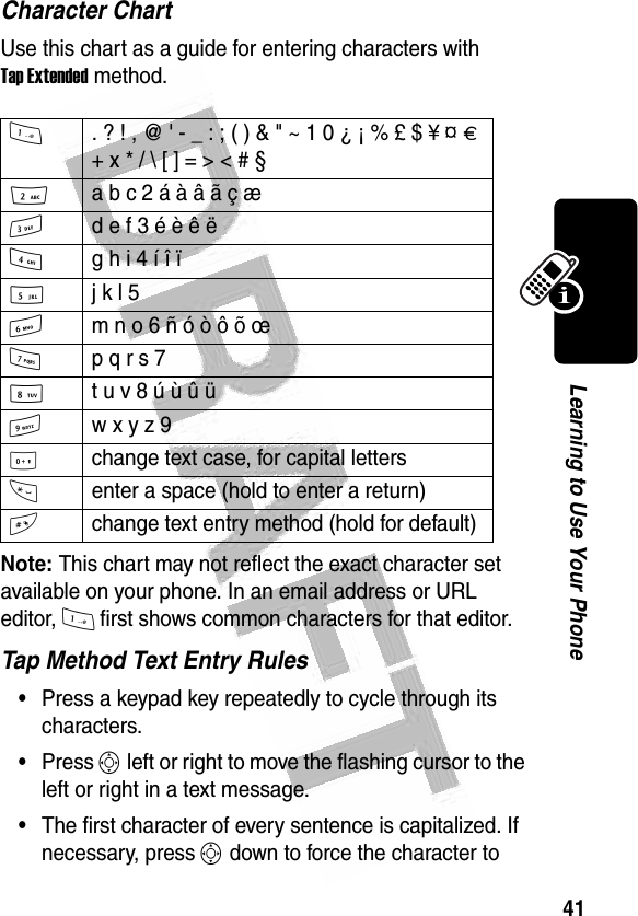 41Learning to Use Your Phone Character ChartUse this chart as a guide for entering characters with Tap Extended method.Note: This chart may not reflect the exact character set available on your phone. In an email address or URL editor, 1 first shows common characters for that editor.Tap Method Text Entry Rules•Press a keypad key repeatedly to cycle through its characters.•Press S left or right to move the flashing cursor to the left or right in a text message.•The first character of every sentence is capitalized. If necessary, press S down to force the character to 1. ? ! , @ &apos; - _ : ; ( ) &amp; &quot; ~ 1 0 ¿ ¡ % £ $ ¥ ¤ £ + x * / \ [ ] = &gt; &lt; # § 2a b c 2 á à â ã ç æ 3d e f 3 é è ê ë4g h i 4 í î ï 5j k l 5 6m n o 6 ñ ó ò ô õ œ 7p q r s 7 8t u v 8 ú ù û ü9w x y z 9 0change text case, for capital letters*enter a space (hold to enter a return)#change text entry method (hold for default)