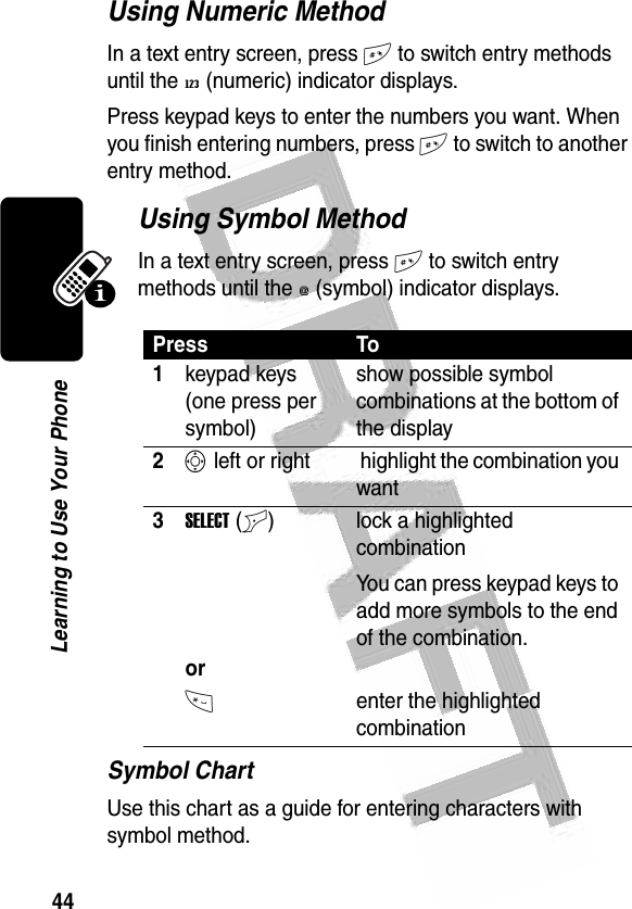 44Learning to Use Your Phone Using Numeric MethodIn a text entry screen, press # to switch entry methods until the W (numeric) indicator displays.Press keypad keys to enter the numbers you want. When you finish entering numbers, press # to switch to another entry method.Using Symbol MethodIn a text entry screen, press # to switch entry methods until the [ (symbol) indicator displays.Symbol ChartUse this chart as a guide for entering characters with symbol method.Press To1keypad keys (one press per symbol)show possible symbol combinations at the bottom of the display2S left or right  highlight the combination you want3SELECT(+)orlock a highlighted combinationYou can press keypad keys to add more symbols to the end of the combination.*enter the highlighted combination