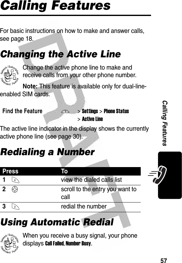 57Calling Features Calling FeaturesFor basic instructions on how to make and answer calls, see page 18.Changing the Active LineChange the active phone line to make and receive calls from your other phone number.Note: This feature is available only for dual-line-enabled SIM cards.The active line indicator in the display shows the currently active phone line (see page 30).Redialing a NumberUsing Automatic RedialWhen you receive a busy signal, your phone displays Call Failed, Number Busy.Find the FeatureM&gt;Settings &gt;Phone Status &gt;Active LinePress To1Nview the dialed calls list2Sscroll to the entry you want to call3Nredial the number032380o032380o