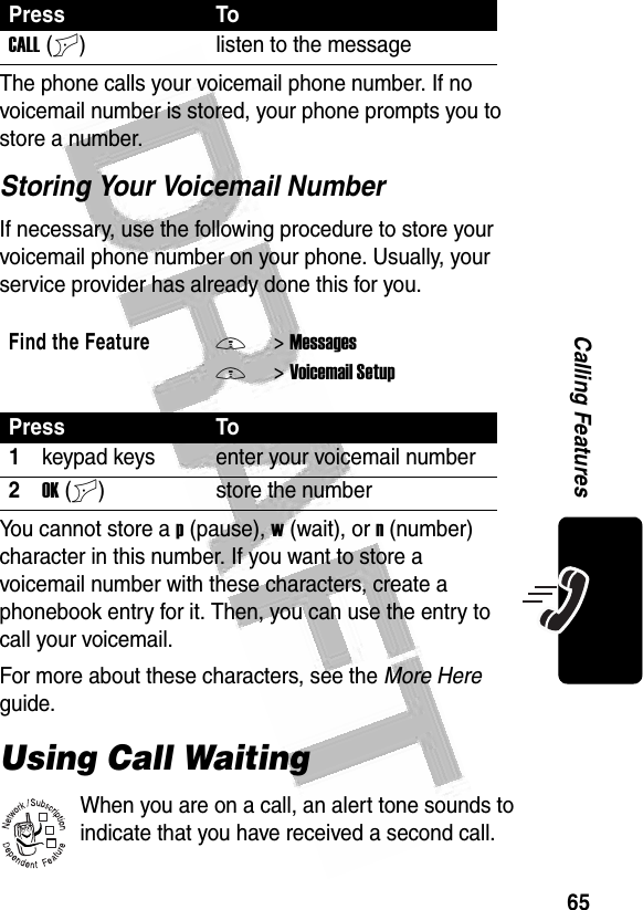 65Calling Features The phone calls your voicemail phone number. If no voicemail number is stored, your phone prompts you to store a number.Storing Your Voicemail NumberIf necessary, use the following procedure to store your voicemail phone number on your phone. Usually, your service provider has already done this for you.You cannot store a p (pause), w (wait), or n (number) character in this number. If you want to store a voicemail number with these characters, create a phonebook entry for it. Then, you can use the entry to call your voicemail.For more about these characters, see the More Here guide.Using Call WaitingWhen you are on a call, an alert tone sounds to indicate that you have received a second call.Press ToCALL(+) listen to the messageFind the FeatureM&gt;MessagesM&gt;Voicemail SetupPress To1keypad keys enter your voicemail number2OK(+) store the number032380o