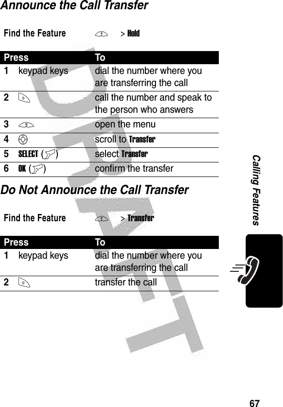 67Calling Features Announce the Call TransferDo Not Announce the Call TransferFind the FeatureM&gt;HoldPress To1keypad keys dial the number where you are transferring the call2Ncall the number and speak to the person who answers3Mopen the menu4Sscroll to Transfer5SELECT(+)select Transfer6OK(+) confirm the transferFind the FeatureM&gt;TransferPress To1keypad keys dial the number where you are transferring the call2Ntransfer the call