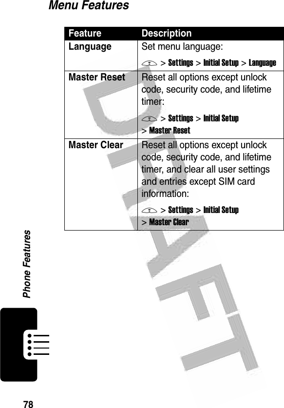 78Phone Features Menu FeaturesFeature DescriptionLanguageSet menu language:M &gt;Settings &gt;Initial Setup &gt;LanguageMaster ResetReset all options except unlock code, security code, and lifetime timer:M &gt;Settings &gt;Initial Setup &gt;Master ResetMaster Clear Reset all options except unlock code, security code, and lifetime timer, and clear all user settings and entries except SIM card information:M &gt;Settings &gt;Initial Setup &gt;Master Clear