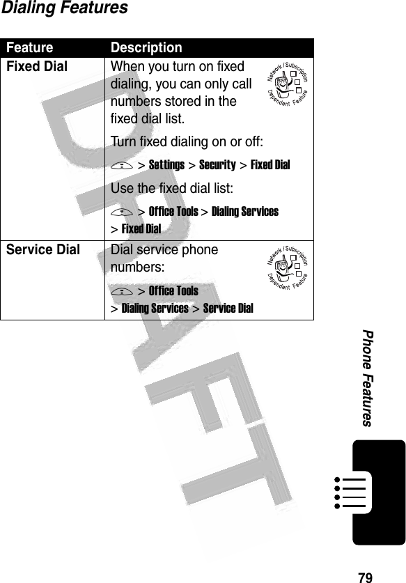 79Phone Features Dialing FeaturesFeature DescriptionFixed Dial When you turn on fixed dialing, you can only call numbers stored in the fixed dial list.Turn fixed dialing on or off:M &gt;Settings &gt;Security &gt;Fixed DialUse the fixed dial list:M &gt;Office Tools &gt;Dialing Services &gt;Fixed DialService Dial Dial service phone numbers:M &gt;Office Tools &gt;Dialing Services &gt;Service Dial032380o032380o
