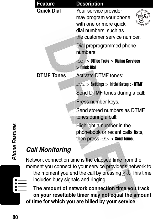 80Phone Features Call MonitoringNetwork connection time is the elapsed time from the moment you connect to your service provider&apos;s network to the moment you end the call by pressing O. This time includes busy signals and ringing.The amount of network connection time you track on your resettable timer may not equal the amount of time for which you are billed by your service Quick Dial Your service provider may program your phone with one or more quick dial numbers, such as the customer service number. Dial preprogrammed phone numbers:M &gt;Office Tools &gt;Dialing Services &gt;Quick DialDTMF Tones Activate DTMF tones:M &gt;Settings &gt;Initial Setup &gt;DTMFSend DTMF tones during a call:Press number keys.Send stored numbers as DTMF tones during a call:Highlight a number in the phonebook or recent calls lists, then press M &gt;Send Tones.Feature Description032380o