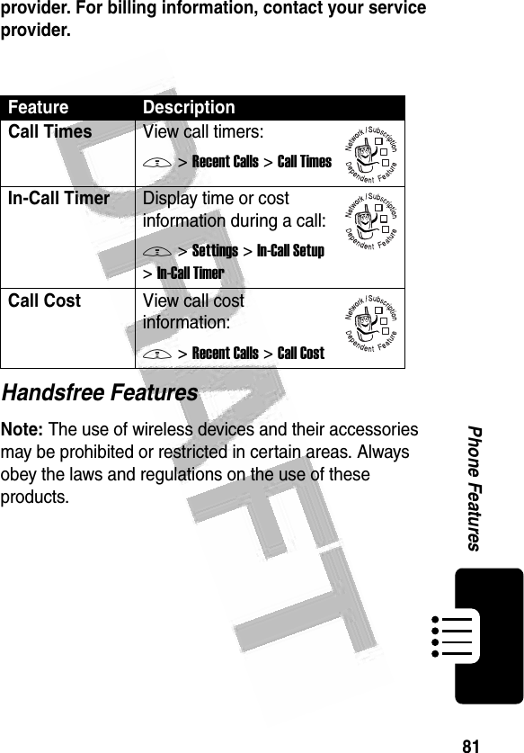 81Phone Features provider. For billing information, contact your service provider.Handsfree FeaturesNote: The use of wireless devices and their accessories may be prohibited or restricted in certain areas. Always obey the laws and regulations on the use of these products. Feature DescriptionCall TimesView call timers:M &gt;Recent Calls &gt;Call TimesIn-Call TimerDisplay time or cost information during a call:M &gt;Settings &gt;In-Call Setup &gt;In-Call TimerCall CostView call cost information:M &gt;Recent Calls &gt;Call Cost032380o032380o032380o