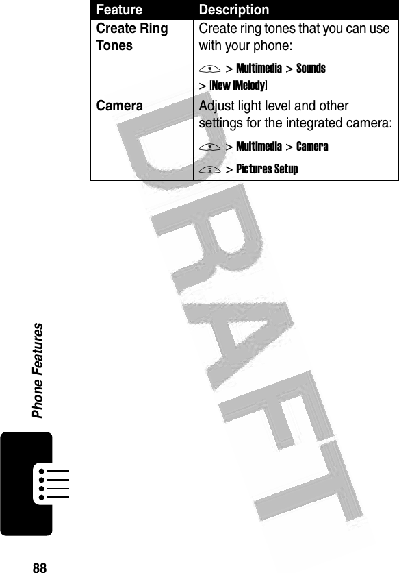 88Phone Features Create Ring Tones Create ring tones that you can use with your phone:M &gt;Multimedia &gt;Sounds &gt;[New iMelody]Camera Adjust light level and other settings for the integrated camera:M &gt;Multimedia &gt;CameraM &gt;Pictures SetupFeature Description