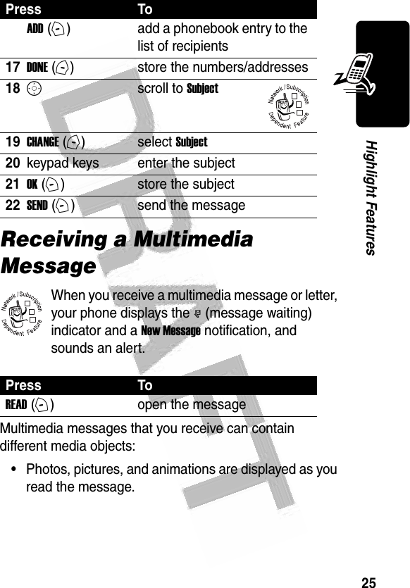 25Highlight Features Receiving a Multimedia MessageWhen you receive a multimedia message or letter, your phone displays the r (message waiting) indicator and a New Message notification, and sounds an alert.Multimedia messages that you receive can contain different media objects:•Photos, pictures, and animations are displayed as you read the message.ADD (+)add a phonebook entry to the list of recipients17DONE (-)store the numbers/addresses18Sscroll to Subject19CHANGE (-)select Subject20keypad keys enter the subject21OK (+)store the subject22SEND (+)send the messagePress ToREAD (+)open the messagePress To032380o032380o