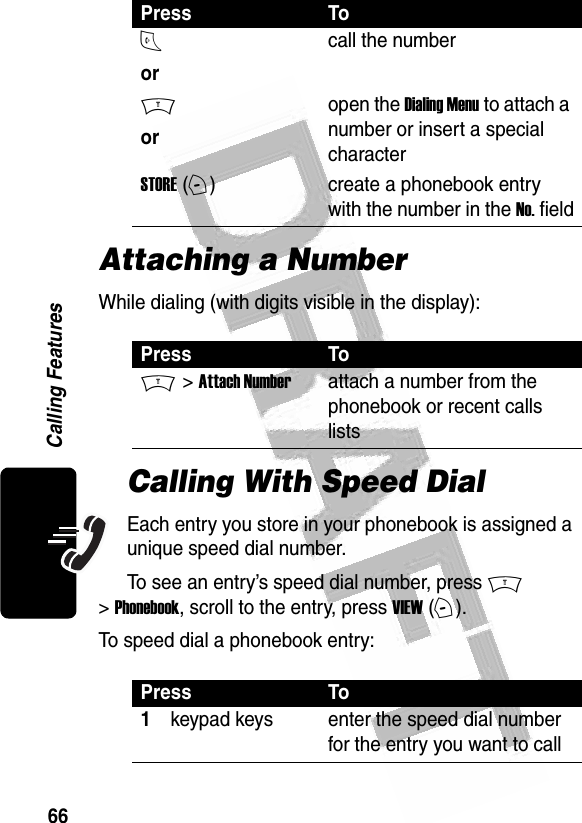 66Calling Features Attaching a NumberWhile dialing (with digits visible in the display):Calling With Speed DialEach entry you store in your phonebook is assigned a unique speed dial number.To see an entry’s speed dial number, press M &gt; Phonebook, scroll to the entry, press VIEW (+).To speed dial a phonebook entry:Press ToNorcall the numberMoropen the Dialing Menu to attach a number or insert a special characterSTORE (+)create a phonebook entry with the number in the No. fieldPress ToM &gt; Attach Numberattach a number from the phonebook or recent calls listsPress To1keypad keys enter the speed dial number for the entry you want to call