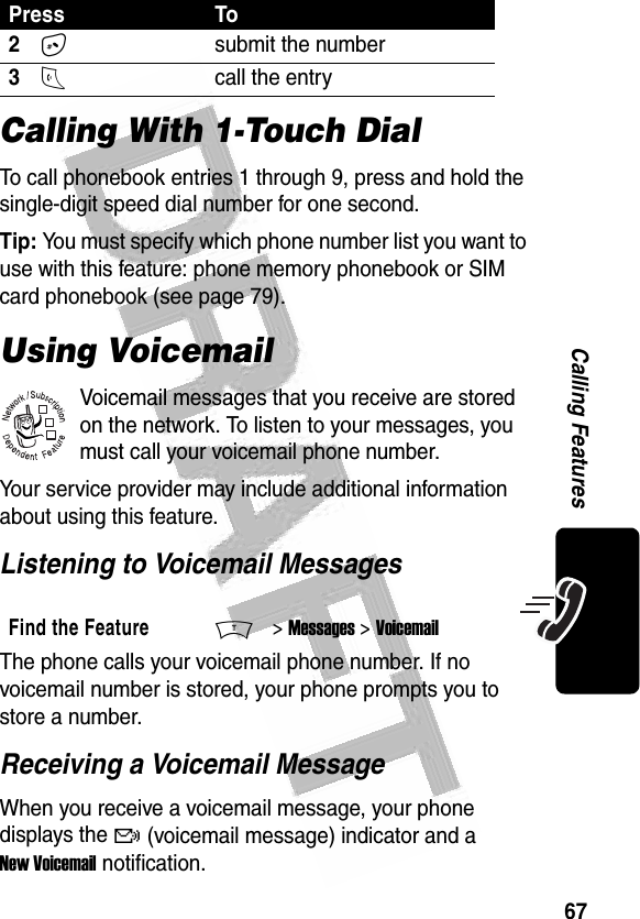 67Calling Features Calling With 1-Touch DialTo call phonebook entries 1 through 9, press and hold the single-digit speed dial number for one second.Tip: You must specify which phone number list you want to use with this feature: phone memory phonebook or SIM card phonebook (see page 79).Using VoicemailVoicemail messages that you receive are stored on the network. To listen to your messages, you must call your voicemail phone number.Your service provider may include additional information about using this feature.Listening to Voicemail MessagesThe phone calls your voicemail phone number. If no voicemail number is stored, your phone prompts you to store a number.Receiving a Voicemail MessageWhen you receive a voicemail message, your phone displays the f (voicemail message) indicator and a New Voicemail notification.2#submit the number3Ncall the entryFind the FeatureM&gt; Messages &gt; VoicemailPress To032380o