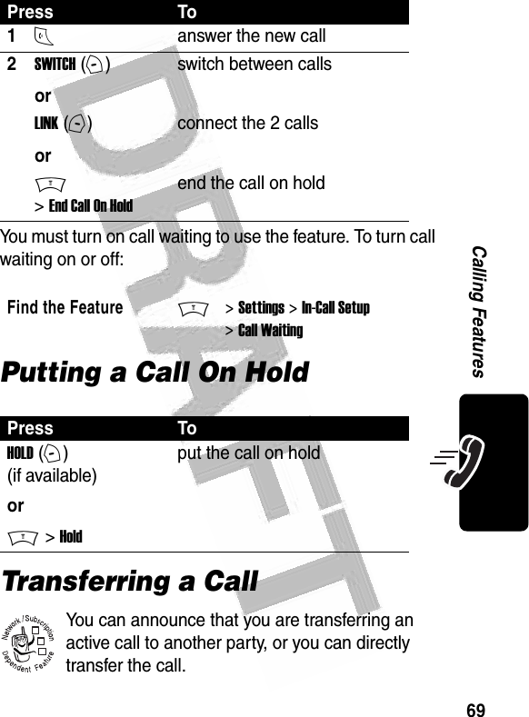 69Calling Features  You must turn on call waiting to use the feature. To turn call waiting on or off: Putting a Call On HoldTransferring a CallYou can announce that you are transferring an active call to another party, or you can directly transfer the call. Press To1Nanswer the new call2SWITCH (+)orswitch between callsLINK (-)orconnect the 2 callsM &gt; End Call On Holdend the call on hold Find the FeatureM&gt; Settings &gt; In-Call Setup &gt; Call WaitingPress ToHOLD (+) (if available)orM &gt; Holdput the call on hold032380o