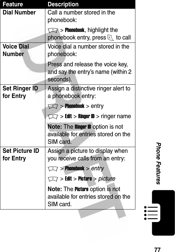 77Phone Features Dial NumberCall a number stored in the phonebook:M &gt; Phonebook, highlight the phonebook entry, press N to callVoice Dial NumberVoice dial a number stored in the phonebook:Press and release the voice key, and say the entry’s name (within 2 seconds).Set Ringer ID for EntryAssign a distinctive ringer alert to a phonebook entry:M &gt; Phonebook &gt; entryM &gt; Edit &gt; Ringer ID &gt; ringer name Note: The Ringer ID option is not available for entries stored on the SIM card.Set Picture ID for EntryAssign a picture to display when you receive calls from an entry:M &gt; Phonebook &gt; entryM &gt; Edit &gt; Picture &gt; pictureNote: The Picture option is not available for entries stored on the SIM card.Feature Description