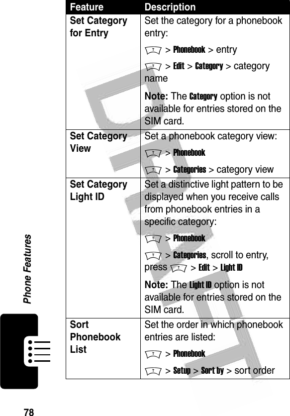 78Phone Features Set Category for EntrySet the category for a phonebook entry:M &gt; Phonebook &gt; entryM &gt; Edit &gt; Category &gt; category name Note: The Category option is not available for entries stored on the SIM card.Set Category ViewSet a phonebook category view:M &gt; PhonebookM &gt; Categories &gt; category viewSet Category Light IDSet a distinctive light pattern to be displayed when you receive calls from phonebook entries in a specific category:M &gt; PhonebookM &gt; Categories, scroll to entry, press M &gt; Edit &gt; Light IDNote: The Light ID option is not available for entries stored on the SIM card.Sort Phonebook ListSet the order in which phonebook entries are listed:M &gt; PhonebookM &gt; Setup &gt; Sort by &gt; sort orderFeature Description