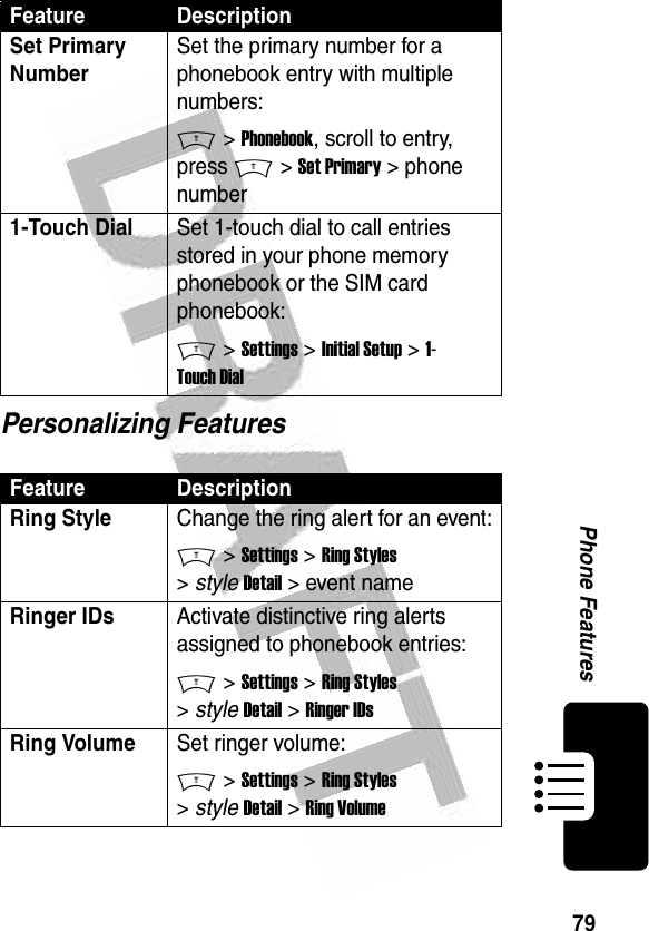 79Phone Features Personalizing FeaturesSet Primary NumberSet the primary number for a phonebook entry with multiple numbers:M &gt; Phonebook, scroll to entry, press M &gt; Set Primary &gt; phone number1-Touch DialSet 1-touch dial to call entries stored in your phone memory phonebook or the SIM card phonebook:M &gt; Settings &gt; Initial Setup &gt; 1-Touch DialFeature DescriptionRing Style Change the ring alert for an event:M &gt; Settings &gt; Ring Styles &gt; style Detail &gt; event nameRinger IDs Activate distinctive ring alerts assigned to phonebook entries:M &gt; Settings &gt; Ring Styles &gt; style Detail &gt; Ringer IDsRing VolumeSet ringer volume:M &gt; Settings &gt; Ring Styles &gt; style Detail &gt; Ring VolumeFeature Description