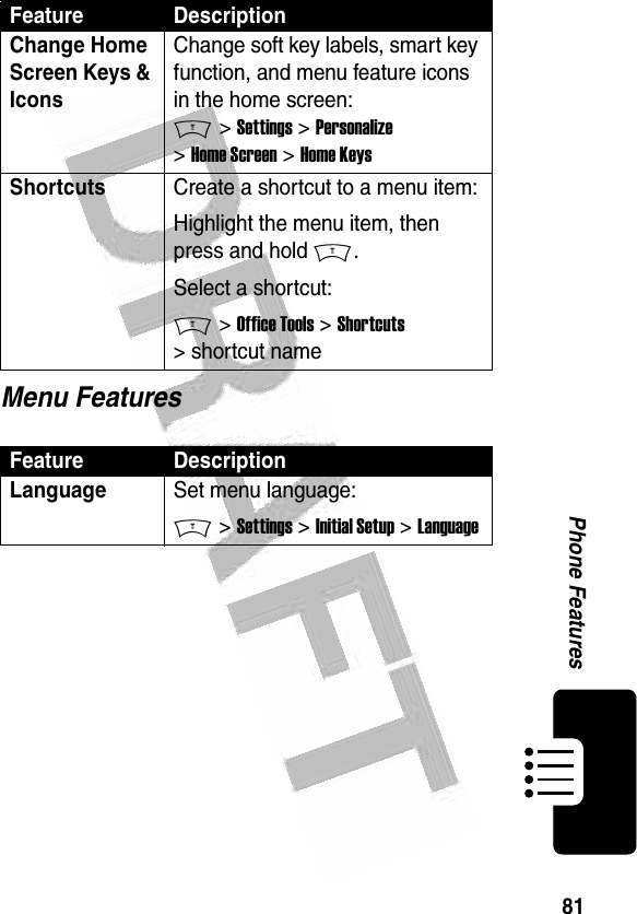 81Phone Features Menu FeaturesChange Home Screen Keys &amp; Icons Change soft key labels, smart key function, and menu feature icons in the home screen: M &gt; Settings &gt; Personalize &gt; Home Screen &gt; Home KeysShortcuts Create a shortcut to a menu item:Highlight the menu item, then press and hold M.Select a shortcut:M &gt; Office Tools &gt; Shortcuts &gt; shortcut nameFeature DescriptionLanguageSet menu language:M &gt; Settings &gt; Initial Setup &gt; LanguageFeature Description