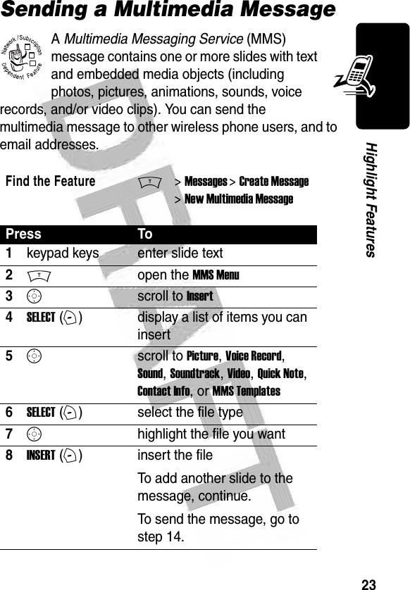 23Highlight Features Sending a Multimedia MessageA Multimedia Messaging Service (MMS) message contains one or more slides with text and embedded media objects (including photos, pictures, animations, sounds, voice records, and/or video clips). You can send the multimedia message to other wireless phone users, and to email addresses.Find the FeatureM&gt; Messages &gt; Create Message &gt; New Multimedia MessagePress To1keypad keys enter slide text2Mopen the MMS Menu3Sscroll to Insert4SELECT (+)display a list of items you can insert5Sscroll to Picture, Voice Record, Sound, Soundtrack, Video, Quick Note, Contact Info, or MMS Templates6SELECT (+)select the file type7Shighlight the file you want8INSERT (+)insert the fileTo add another slide to the message, continue.To send the message, go to step 14.032380o