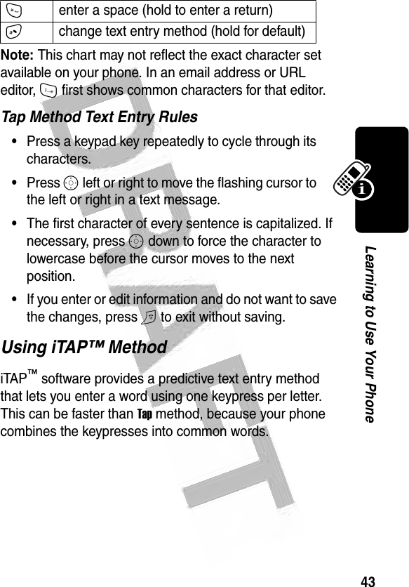 43Learning to Use Your Phone Note: This chart may not reflect the exact character set available on your phone. In an email address or URL editor, 1 first shows common characters for that editor.Tap Method Text Entry Rules•Press a keypad key repeatedly to cycle through its characters.•Press S left or right to move the flashing cursor to the left or right in a text message.•The first character of every sentence is capitalized. If necessary, press S down to force the character to lowercase before the cursor moves to the next position.•If you enter or edit information and do not want to save the changes, press O to exit without saving.Using iTAP™ MethodiTAP™ software provides a predictive text entry method that lets you enter a word using one keypress per letter. This can be faster than Tap method, because your phone combines the keypresses into common words.*enter a space (hold to enter a return)#change text entry method (hold for default)