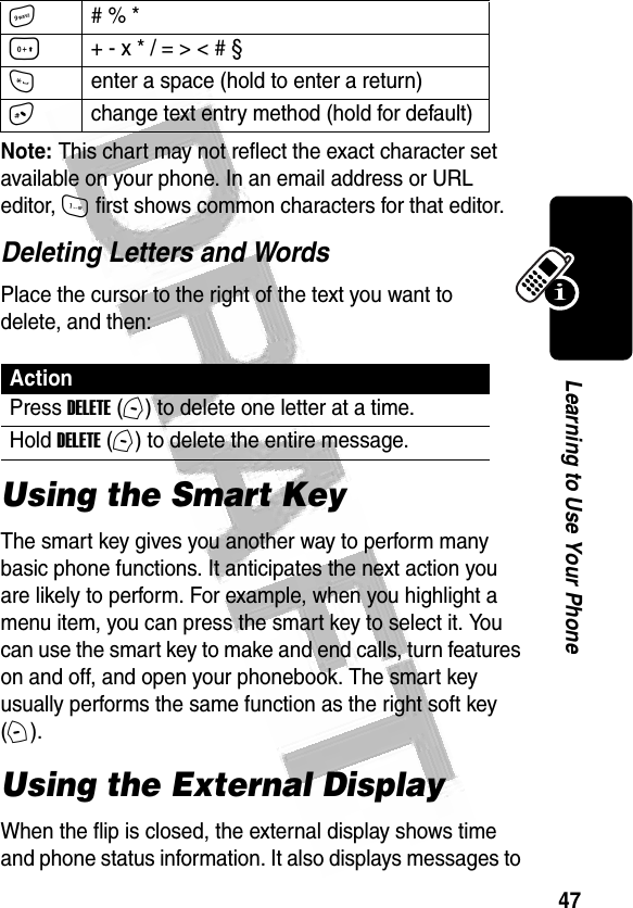 47Learning to Use Your Phone Note: This chart may not reflect the exact character set available on your phone. In an email address or URL editor, 1 first shows common characters for that editor.Deleting Letters and WordsPlace the cursor to the right of the text you want to delete, and then:Using the Smart KeyThe smart key gives you another way to perform many basic phone functions. It anticipates the next action you are likely to perform. For example, when you highlight a menu item, you can press the smart key to select it. You can use the smart key to make and end calls, turn features on and off, and open your phonebook. The smart key usually performs the same function as the right soft key (+).Using the External DisplayWhen the flip is closed, the external display shows time and phone status information. It also displays messages to 9# % *0+ - x * / = &gt; &lt; # § *enter a space (hold to enter a return)#change text entry method (hold for default)ActionPress DELETE (-) to delete one letter at a time.Hold DELETE (-) to delete the entire message.