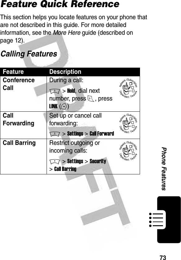 73Phone Features Feature Quick ReferenceThis section helps you locate features on your phone that are not described in this guide. For more detailed information, see the More Here guide (described on page 12).Calling FeaturesFeature DescriptionConference Call During a call:M &gt; Hold, dial next number, press N, press LINK (-)Call ForwardingSet up or cancel call forwarding:M &gt; Settings &gt; Call ForwardCall Barring Restrict outgoing or incoming calls:M &gt; Settings &gt; Security &gt; Call Barring032380o032380o032380o